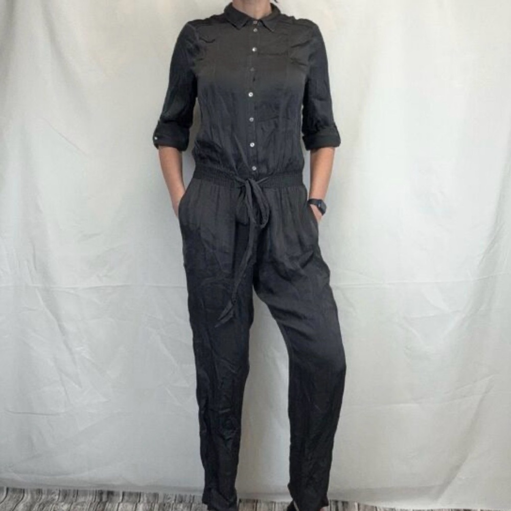 Ghost Londen: women’s gun metal Button-Front Jumpsuit with Tie Waist